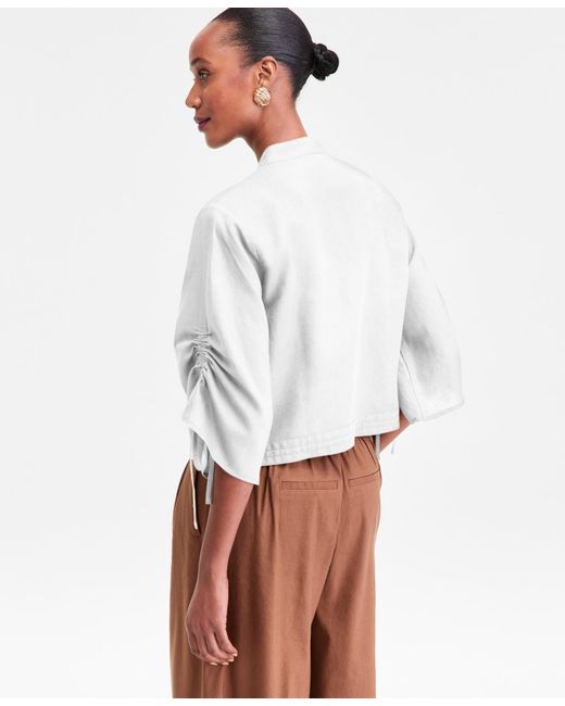 INC International Concepts White Tie-sleeve Chambray Tie-waist Blouse