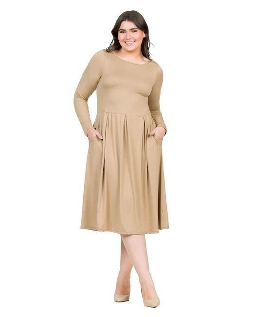 24seven Comfort Apparel Natural Plus Size Long Sleeve Fit And Flare Midi Dress