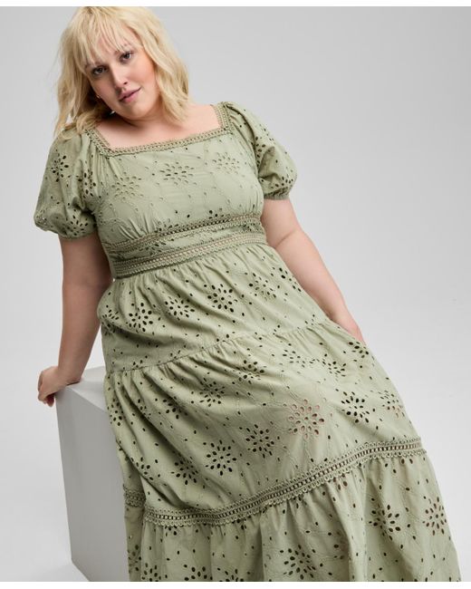 And Now This Green Trendy Plus Size Eyelet Embroidered Cotton Puff-sleeve Maxi Dress