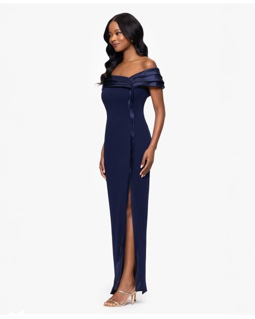 Betsy & Adam Blue Organza Off-the-shoulder Dress