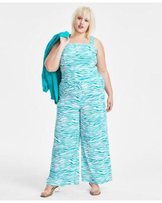 BarIII Blue Trendy Plus Size Printed Sleeveless Square Neck Tank Printed Pull On Wide Leg Pants Created For Macys