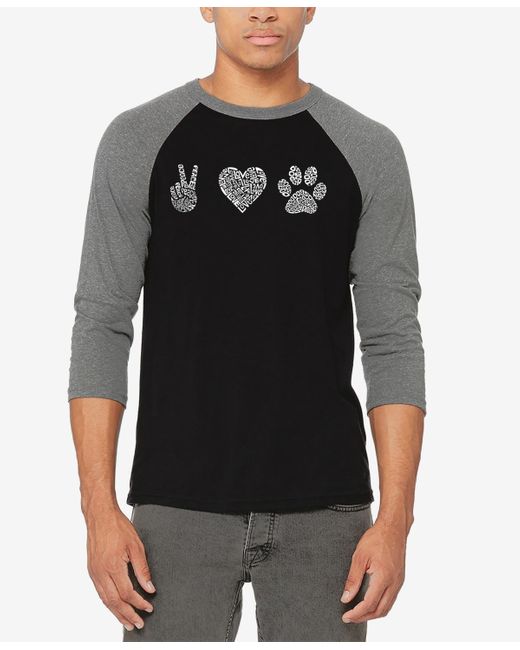 LA Pop Art Black Raglan Baseball 3/4 Sleeve Peace Love Dogs Word Art T-shirt for men