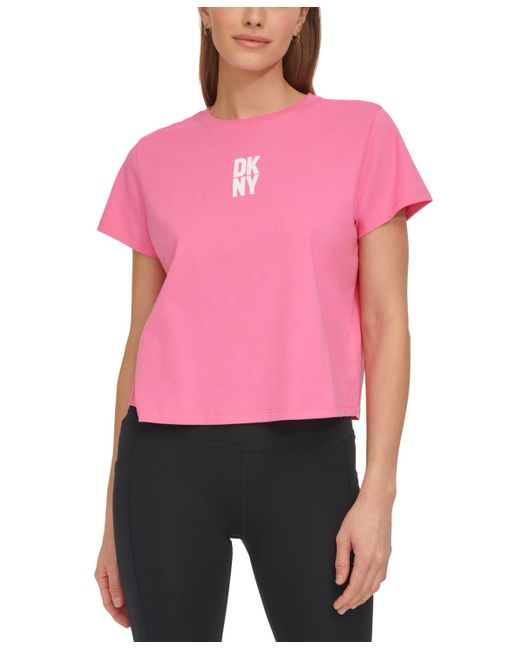 DKNY Pink Sport Cotton Crewneck Puff-logo Cropped T-shirt