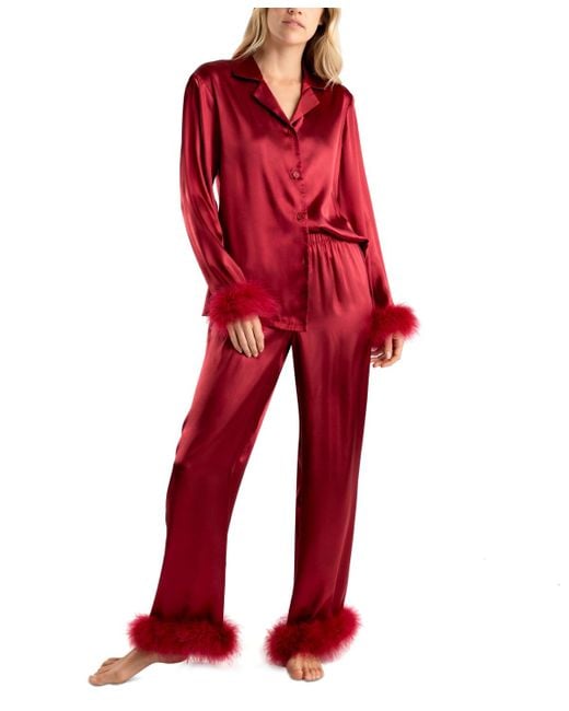 Linea Donatella Red Marabou Feather Satin Pajama Set