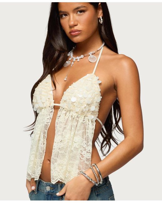 Edikted Natural Sequin Lace Split Front Backless Top