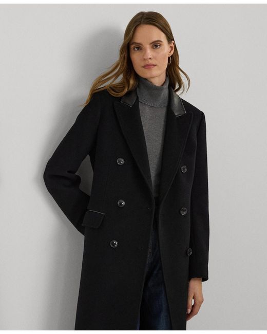 Ralph Lauren Faux-leather-trim Double-breasted Coat in Black