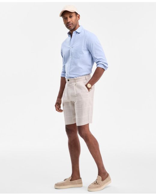 Club Room Natural Classic-fit Window Pane Linen Shorts for men