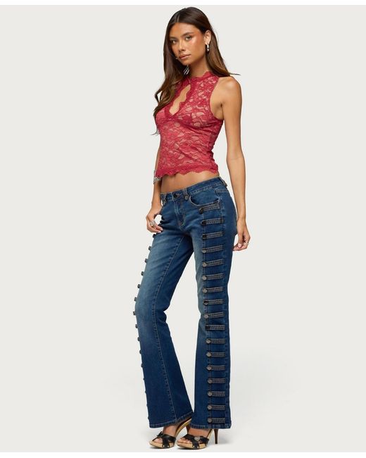 Edikted Blue Button Loop Low Rise Bootcut Jeans