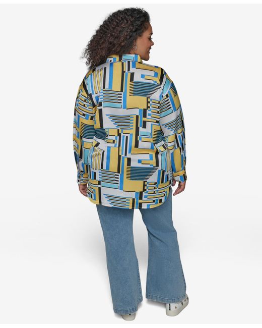Karl Lagerfeld Blue Plus Size Oversize Button-front Utility Blouse