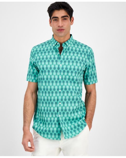 Club Room Green Racket Regular-fit Stretch Geo-print Button-down Poplin Shirt for men
