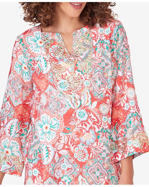 Ruby Rd Red Petite Silky Floral Voile Top