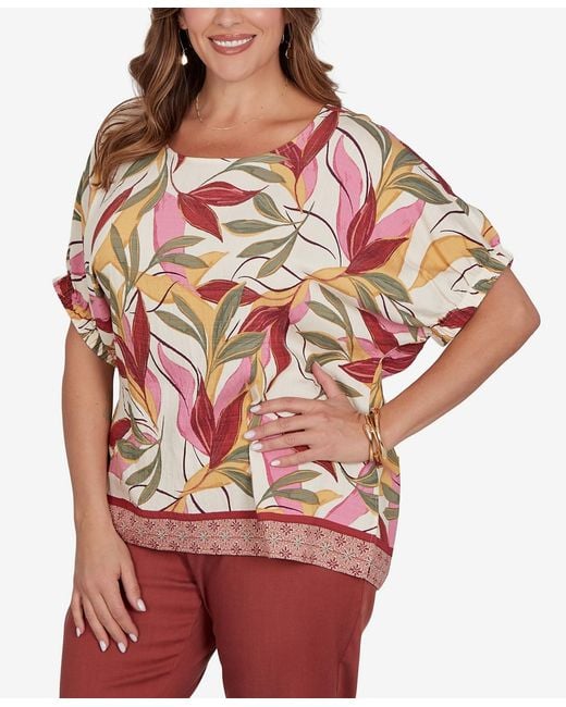 Ruby Rd Plus Size Textured Leaf Print Short-sleeve Top