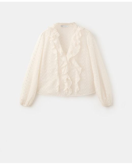 Mango White Ruffled Embroidered Blouse