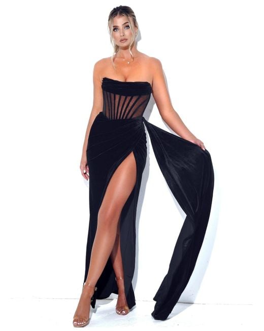 Miss Circle Blue Priya Draping Corset High Slit Velvet Gown