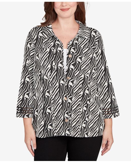 Ruby Rd Black Petite Zebra Collared Knit Swing Jacket