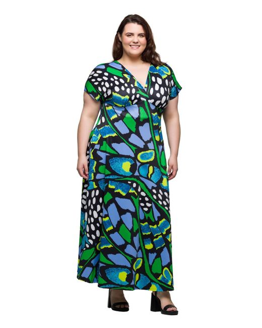 24seven Comfort Apparel Green Plus Size V-neck Empire Waist Cap Sleeve Maxi Dress