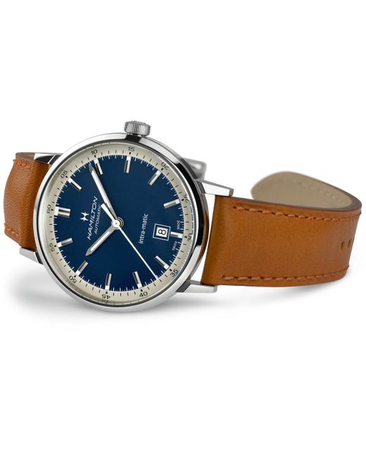 Hamilton Blue Swiss Automatic Intra-matic Leather Strap Watch 40mm for men