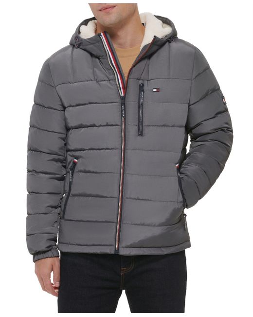 Tommy Hilfiger Sherpa Lined Hooded Quilted Puffer Jacket in Gray for Men Lyst