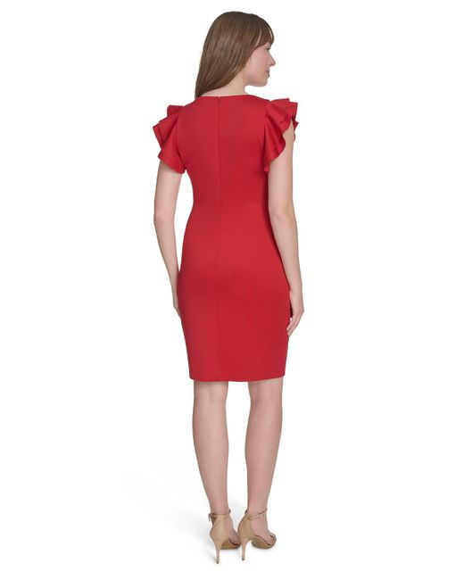 Tommy Hilfiger Red Scuba Sheath Dress With Flutter Sleeves