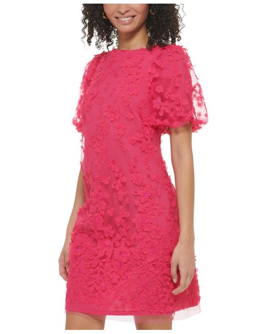 Eliza J Red 3d Floral-appliqued Puff-sleeve Dress