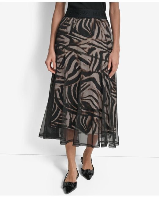 DKNY Black Printed Mesh Layered Midi Skirt