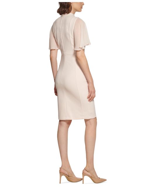 Calvin Klein Natural Petite Chiffon Flutter-sleeve Sheath Dress