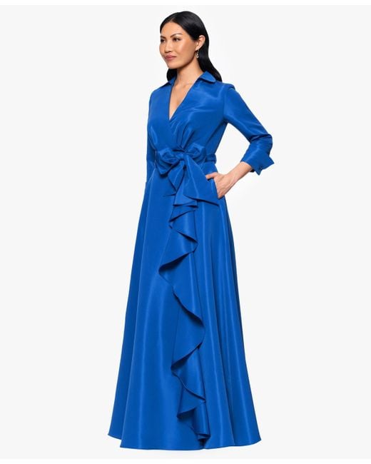Betsy & Adam Blue Taffeta Ruffled Long Wrap Dress