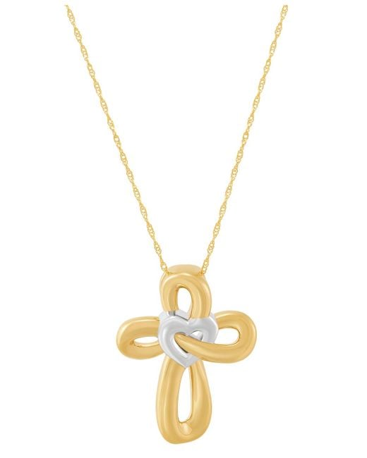Macy's Metallic Two-tone Polished Heart & Cross Curvy 18" Pendant Necklace