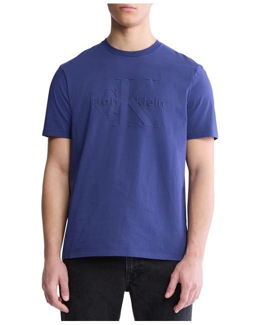Calvin Klein Blue Regular-fit Embossed Monogram Logo Graphic T-shirt for men