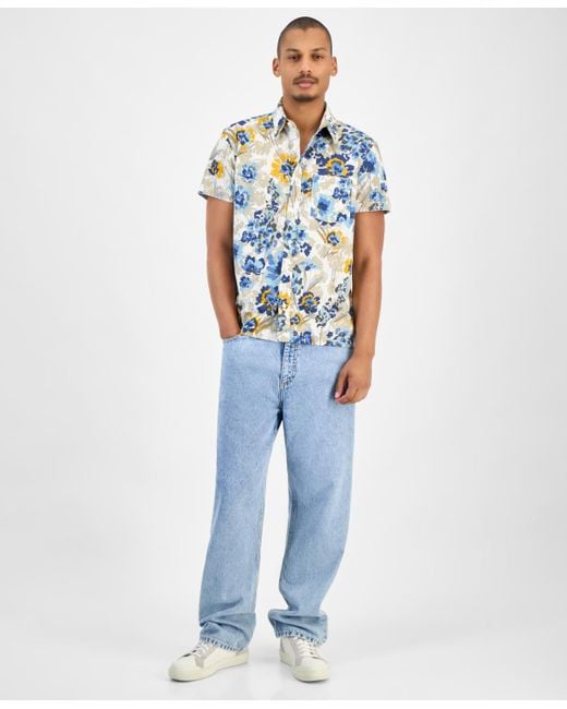 Sun & Stone Blue Sun + Stone Floral-print Short-sleeve Shirt for men