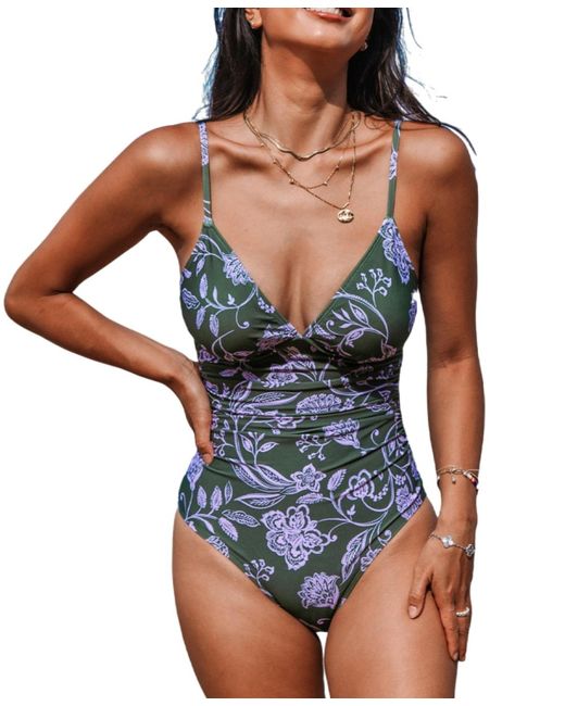 CUPSHE Blue Purple Paisley Tummy Control Ruched One-piece