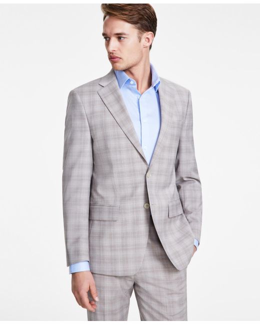 Calvin Klein Gray Slim-fit Wool Blend Stretch Plaid Suit Separate Jacket for men