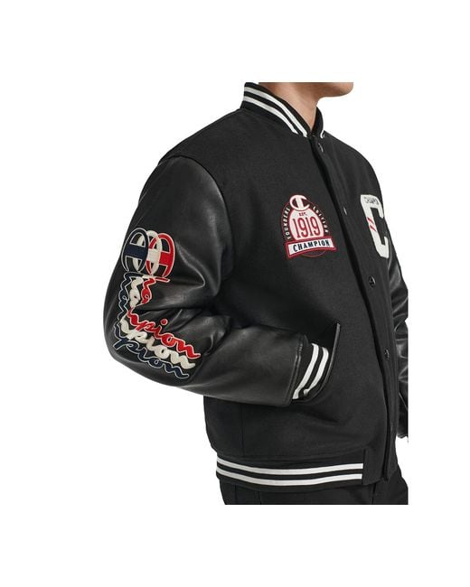 Champion Black Logo-patch Mixed-media Varsity Jacket for men