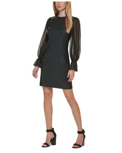 Calvin Klein Chiffon-sleeve Faux-leather Sheath Dress in Black | Lyst