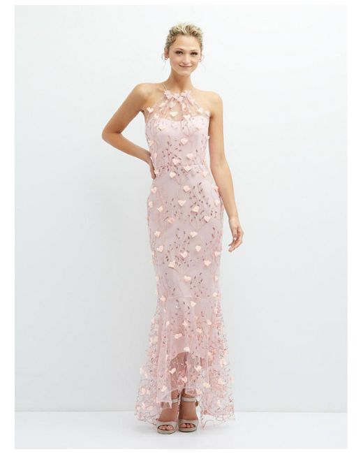 Dessy Collection Women's White Sheer Halter Neck 3d Floral Embroidered Dress