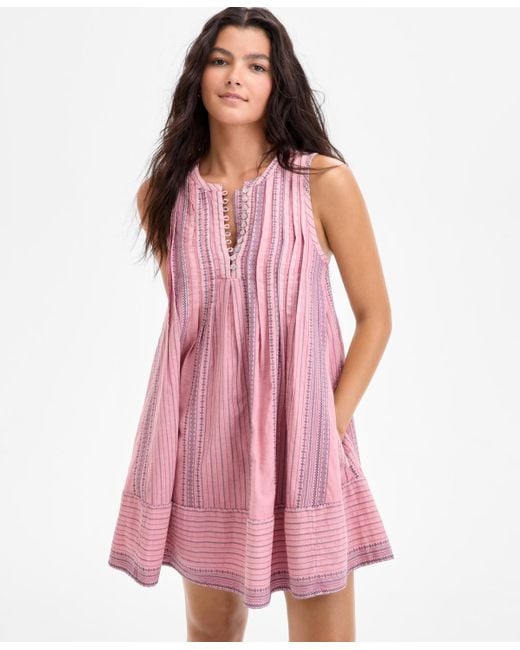 Lucky Brand Red Cotton Pintuck Button-front Mini Dress