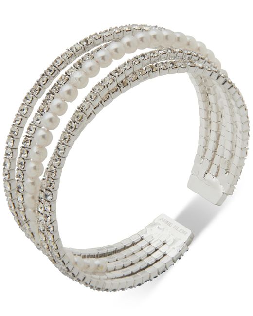 Anne Klein Metallic Silver-tone Crystal & Imitation Pearl Bangle Bracelet