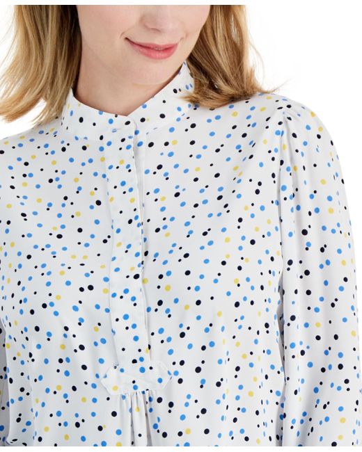 Anne Klein Blue Petite Dot Print Band Collar Long-sleeve Top