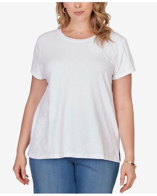Ruby Rd White Plus Size Paisley Lace Solid Knit T-shirt