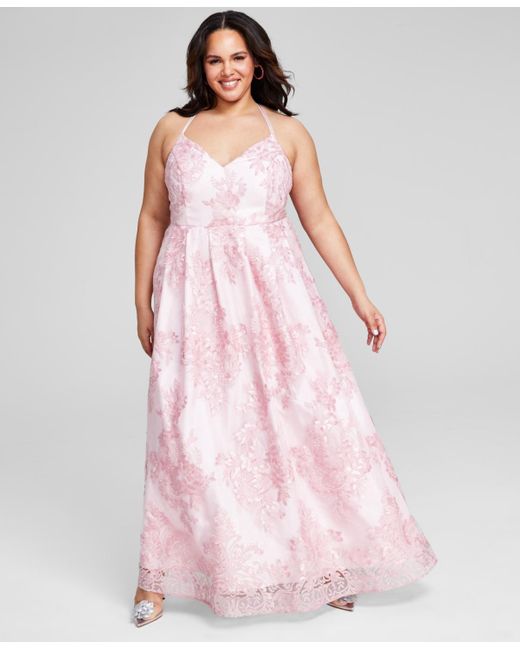 Bcx Pink Trendy Plus Size Strappy-back Embroidered Gown
