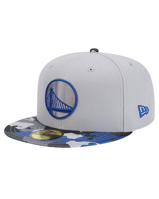 KTZ Blue Gray Golden State Warriors Active Color Camo Visor 59fifty Fitted Hat for men