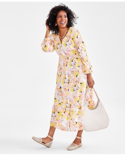 Style & Co. Metallic Petite Floral Tiered Button Front Midi Dress