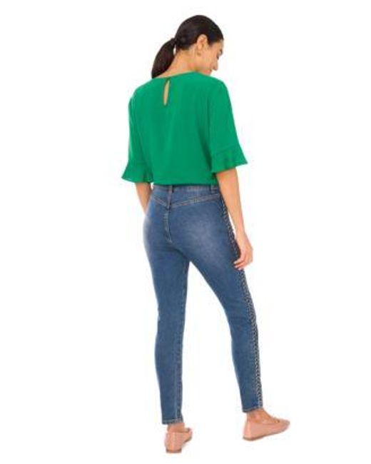 Cece Green Ruffled Cuff 3 4 Sleeve Crew Neck Blouse Braided Patch Pocket Skinny Jeans