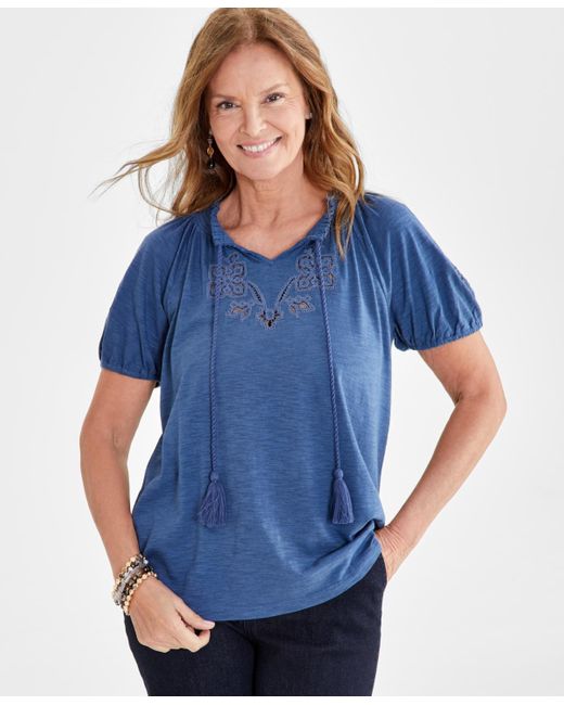 Style & Co. Blue Embroidery Vacay Top