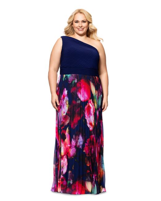 Xscape Red Plus Size One-shoulder Pleated Gown