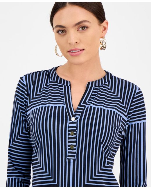 INC International Concepts Blue Petite Geometric Button-placket Top