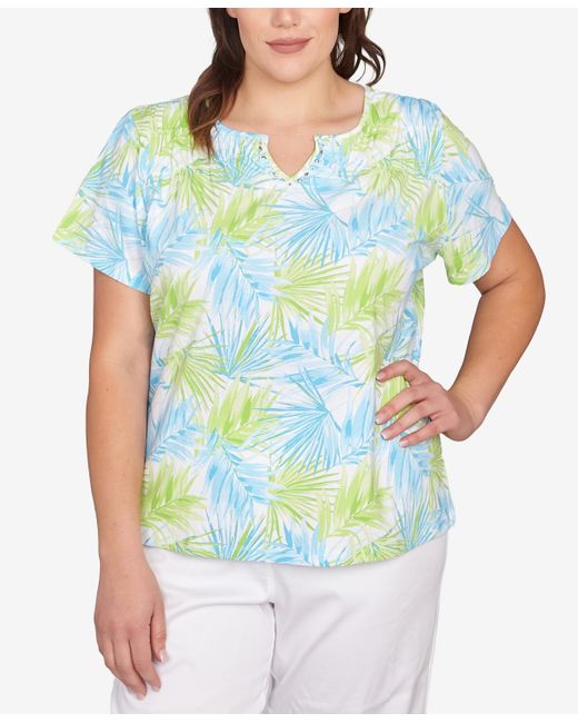hearts of palm Blue Plus Size Short Sleeve Leaf Print Top