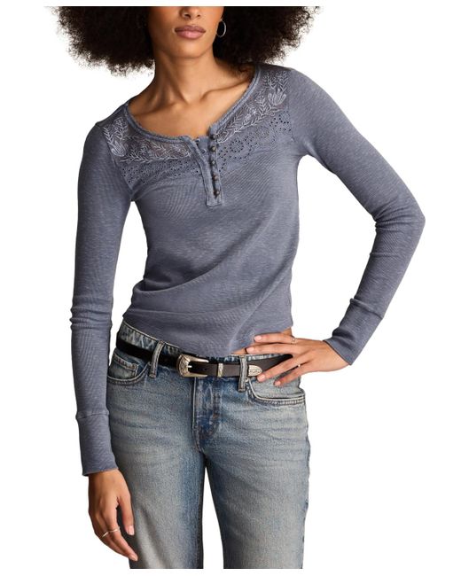 Lucky Brand Blue Lace-yoke Long-sleeve Henley Top