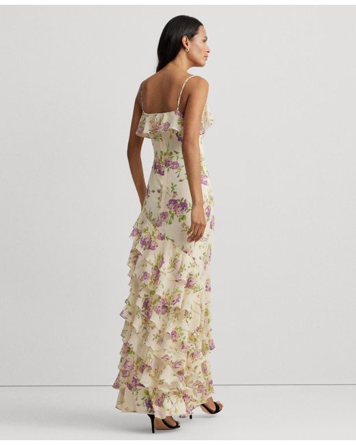 Lauren by Ralph Lauren Natural Ruffled Floral Column Gown