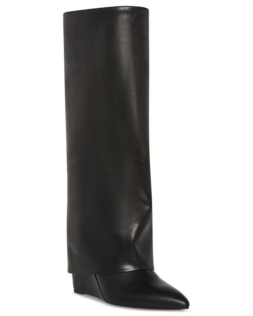Madden Girl Black Evander Wide-calf Fold-over Cuffed Knee High Wedge Dress Boots